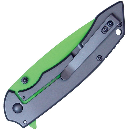 Assisted Open Folding Pocket Knife with Grey handle and Green Blade