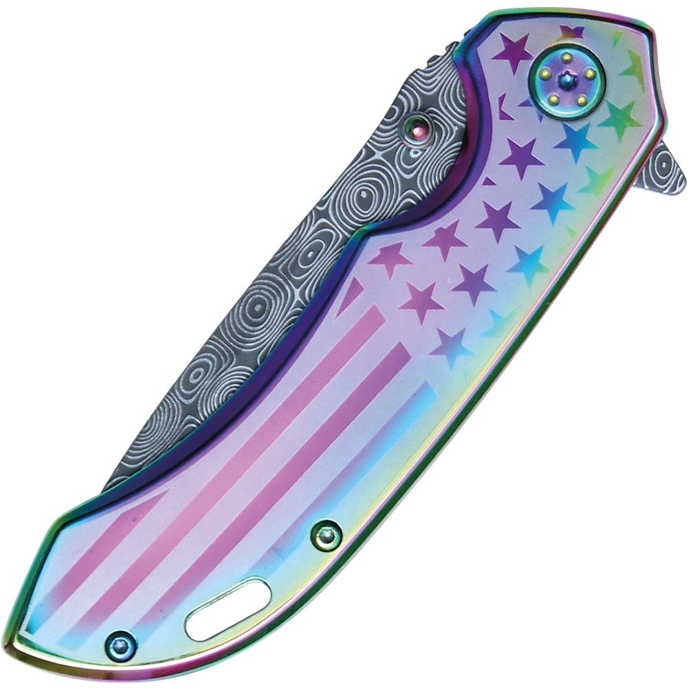 Assisted Open Folding Pocket Knife with Rainbow handle with American Flag Design